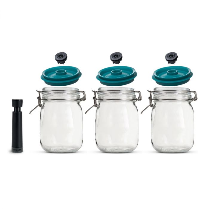 3 x 1500ml Killner Beugelpotten Rond met Vacuumdeksels en Handpomp