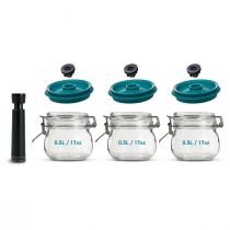 3 x 500ml Killner Beugelpotten Rond met Vacuumdeksels en Handpomp